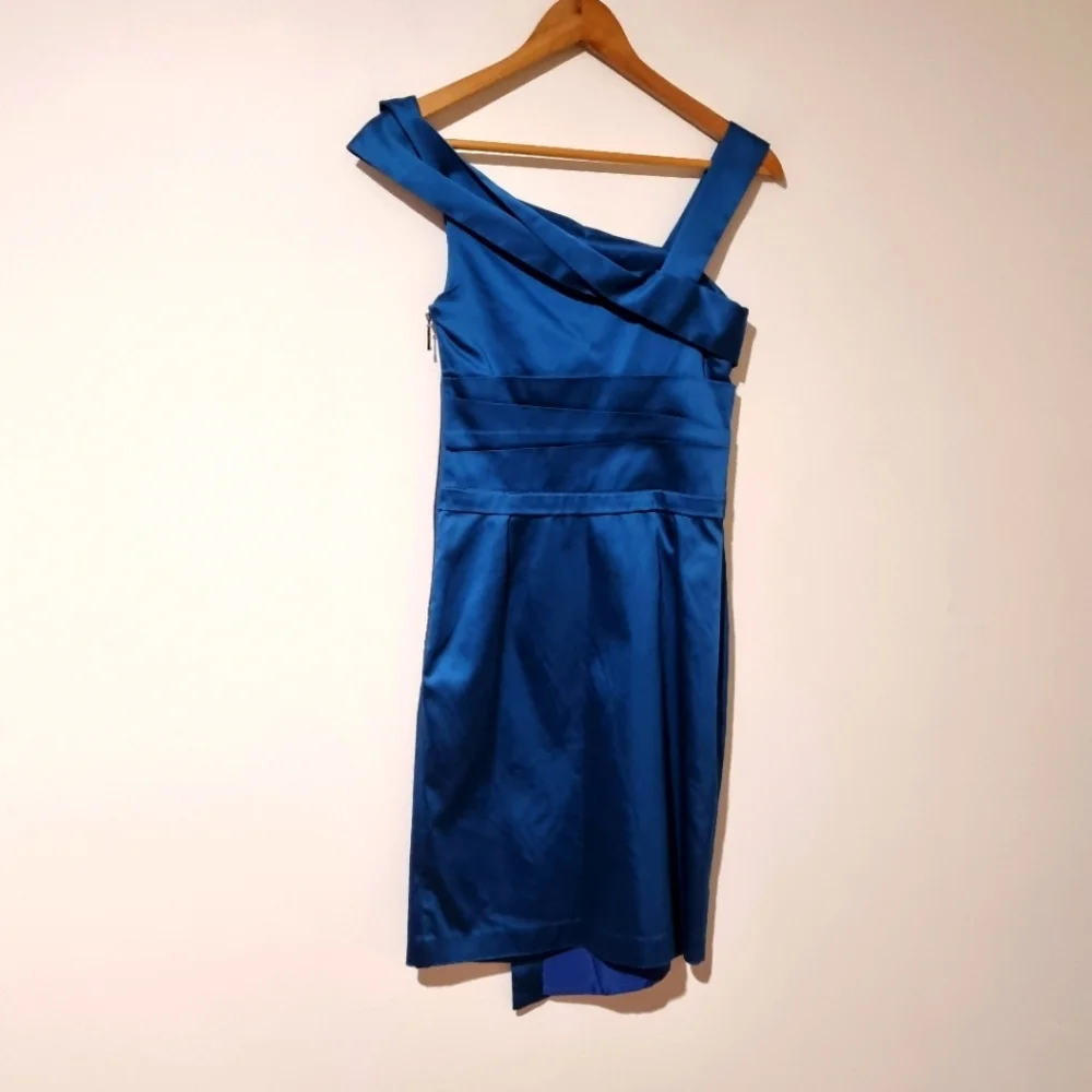 Cue Size 6 Teal Satin Cocktail Party Pencil Dress - Picture 4 of 7